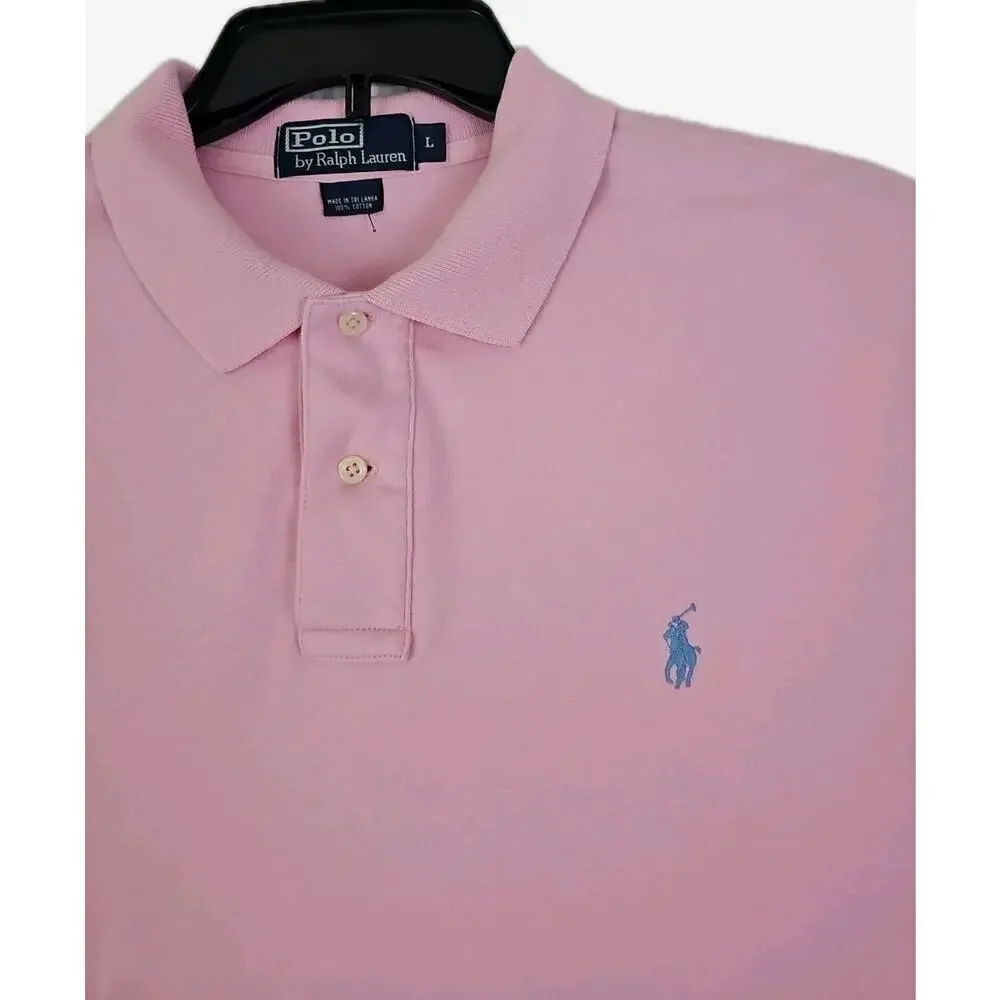 Polo Ralph Lauren ~Men's Size L~ Pink Blue Polo Shirt Pink Logo 100% Cotton.